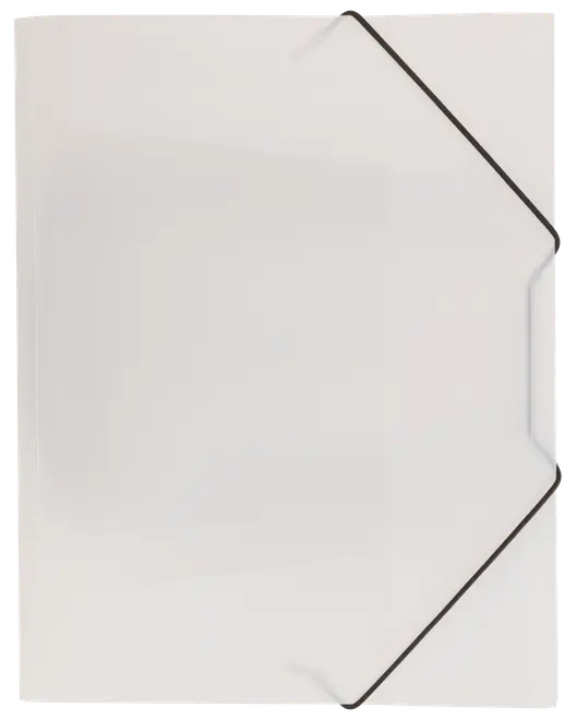 Transparent plastmapp med svart resårband, fyrkantig form och rundade hörn. Perfekt för att organisera och skydda papper eller dokument på kontor eller i skolan.