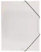 Gennemsigtig plastikmappe med sort elastiklås, firkantet form og afrundede hjørner. Perfekt til organisering og beskyttelse af papirer eller dokumenter på kontor eller skole.