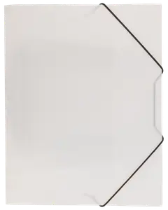 Gennemsigtig plastikmappe med sort elastiklås, firkantet form og afrundede hjørner. Perfekt til organisering og beskyttelse af papirer eller dokumenter på kontor eller skole.