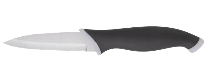 Keramisk køkkenkniv med hvidt blad og ergonomisk sort håndtag. Bladet er glat og spidst, ideelt til præcise snitte- og skæreopgaver. Moderne, let design.