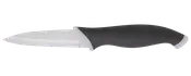 Keramisk køkkenkniv med hvidt blad og ergonomisk sort håndtag. Bladet er glat og spidst, ideelt til præcise snitte- og skæreopgaver. Moderne, let design.