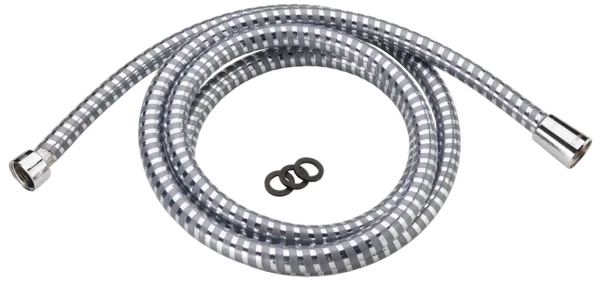 Flexibel duschslang i metall med kromfinish, standardkopplingar i båda ändar, tre gummipackningar medföljer för läckageskydd. Passar de flesta handduschar, enkel installation.