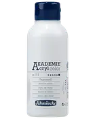 250 ml flaska Schmincke Akademie akrylfärg i titanvitt, med blått skruvlock och tydlig märkning på flera språk, lämplig för konstnärer och akrylmåleri.