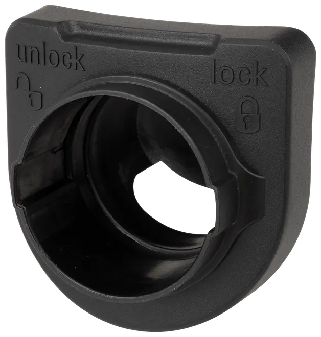 Svart plastlåsrings med "lock" och "unlock" märkning, avsedd för att säkra cylindriska objekt. Har ett centralt hål och texturerat grepp för enkel montering.