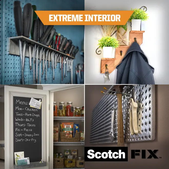 Collage med magnetiske værktøjsholdere, vægkroge med planter og jakke, tavle-menu og spisekammerhylder. Viser Scotch Fix til effektiv organisering af værktøj, tøj og køkkenartikler.