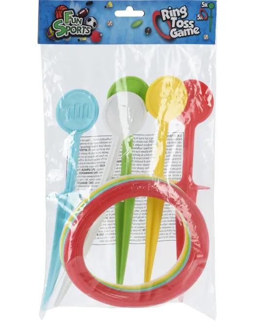 Plastik ringspilssæt med fire farverige pæle (blå, grøn, gul, rød) og fire matchende ringe. Leveres i gennemsigtig pose. Velegnet til udendørs eller indendørs leg.