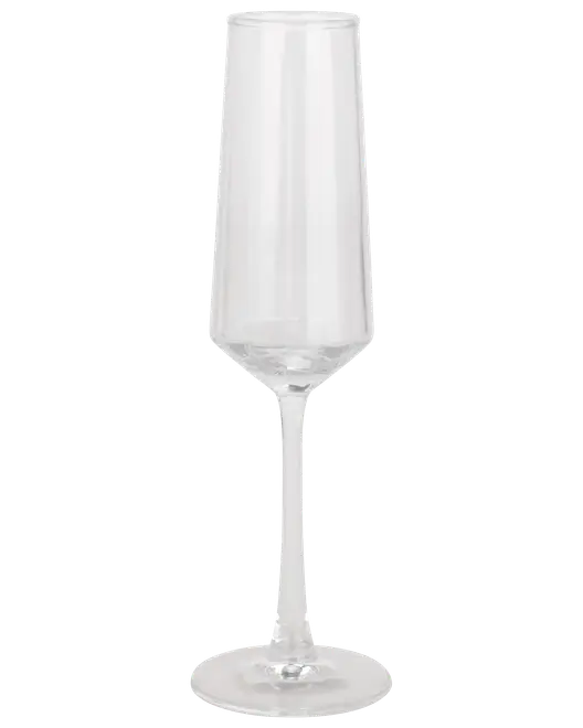 Klar champagneglas med høj, smal bowle, lang slank stilk og flad rund fod. Elegant design, perfekt til servering af mousserende vin og festlige drikke.