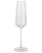 Klar champagneglas med høj, smal bowle, lang slank stilk og flad rund fod. Elegant design, perfekt til servering af mousserende vin og festlige drikke.