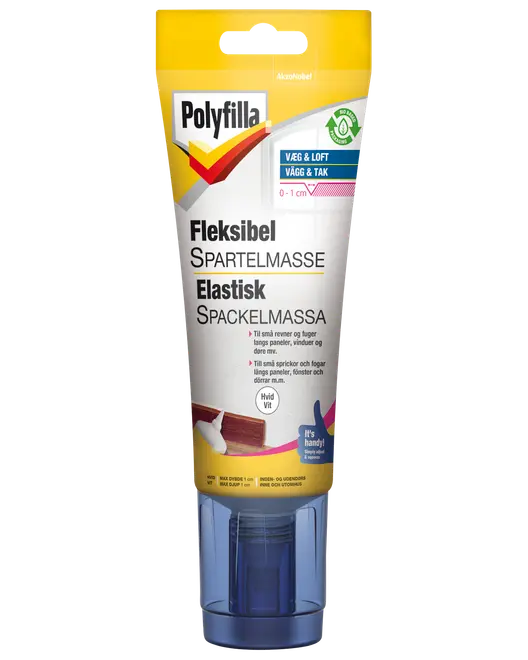 Polyfilla Fleksibel Spartelmasse, 330g tube med applikator, til udfyldning af revner og fuger i vægge og lofter. Til indendørs brug, hvid, nem at påføre, tørrer hurtigt.