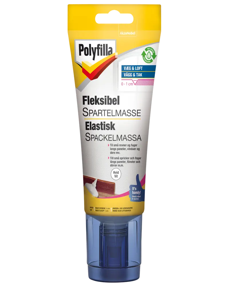 Polyfilla Fleksibel Spartelmasse, 330g tube med applikator, til udfyldning af revner og fuger i vægge og lofter. Til indendørs brug, hvid, nem at påføre, tørrer hurtigt.