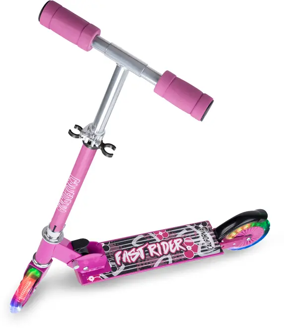 Pink sammenklappelig løbehjul med skumhåndtag, "FAST-RIDER" grafik på dæk og lysende for- og baghjul. Justerbar styrhøjde. Velegnet til børn.