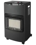 Svart portabel gasolvärmare med keramiskt värmeelement, skyddsgaller framtill, reglage ovanpå och hjul för enkel förflyttning. Passar för effektiv inomhusuppvärmning.