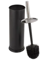 Svart toalettborste med cylindrisk hållare och handtag i rostfritt stål. Borsten har täta strån och lock på handtaget för hygienisk förvaring. Modern, minimalistisk design.