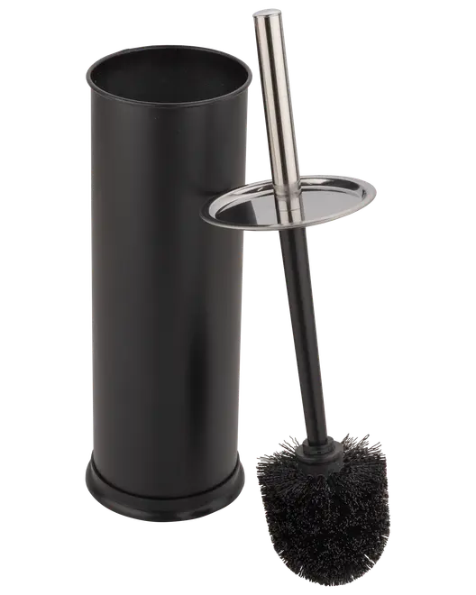 Sort toiletbørste med cylindrisk holder og håndtag i rustfrit stål. Børsten har tætte børster og låg på håndtaget for hygiejnisk opbevaring. Moderne, minimalistisk design.