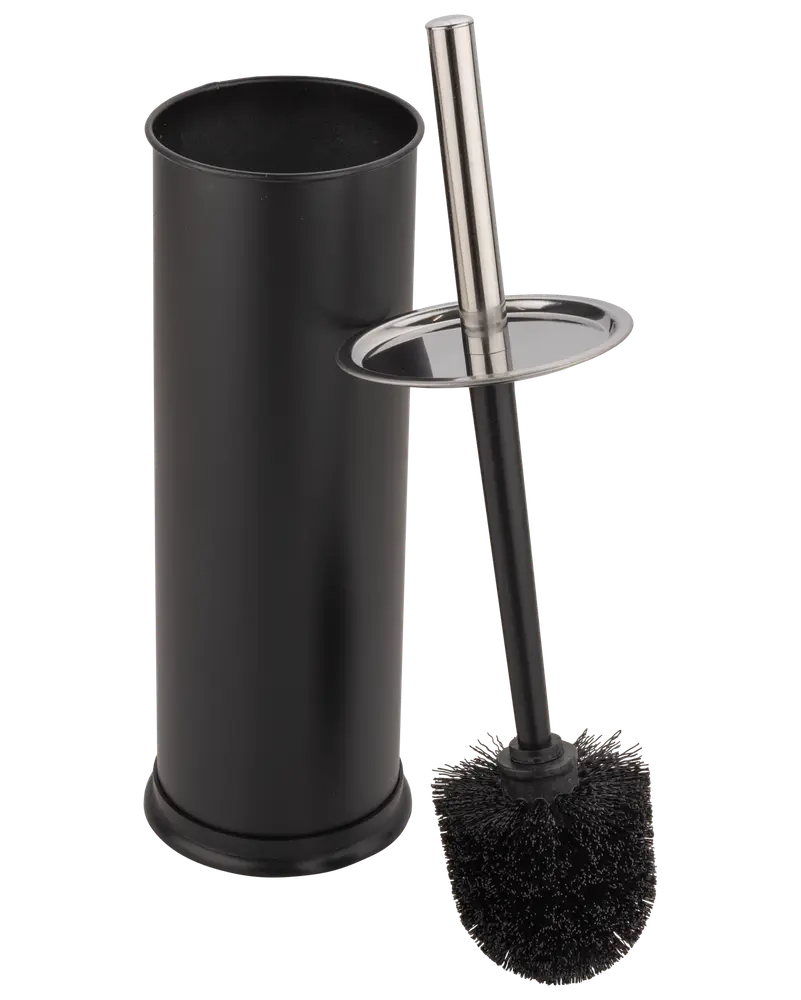 Svart toalettborste med cylindrisk hållare och handtag i rostfritt stål. Borsten har täta strån och lock på handtaget för hygienisk förvaring. Modern, minimalistisk design.