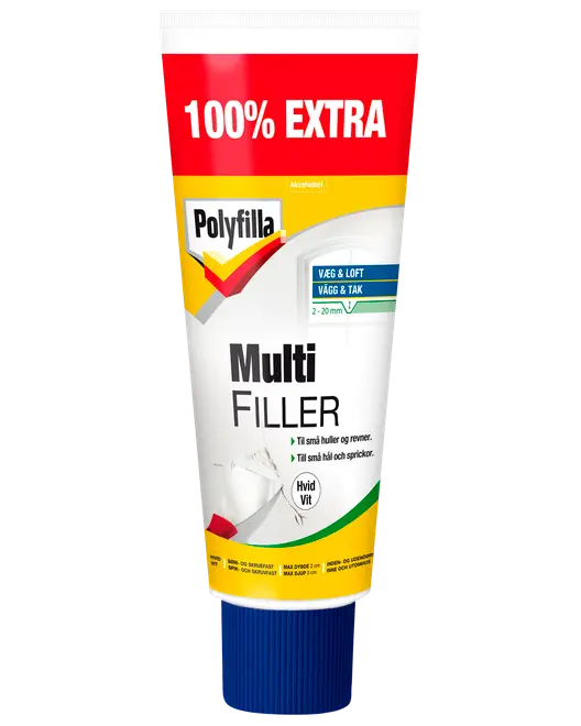 Polyfilla Multi Filler tube, hvid, til vægge og lofter. Til små huller og revner, 2-20mm. Blå skruelåg og mærkat med 100% ekstra indhold.