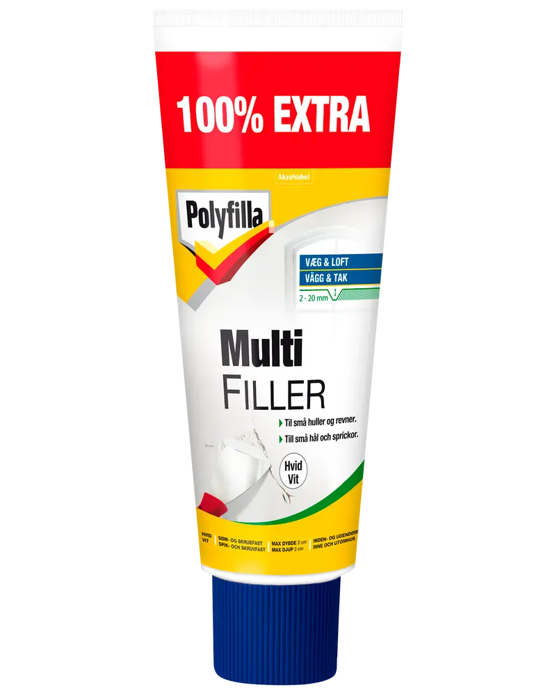Polyfilla Multi Filler tube, hvid, til vægge og lofter. Til små huller og revner, 2-20mm. Blå skruelåg og mærkat med 100% ekstra indhold.