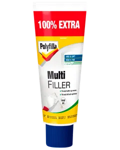 Polyfilla Multi Filler tube, hvid, til vægge og lofter. Til små huller og revner, 2-20mm. Blå skruelåg og mærkat med 100% ekstra indhold.