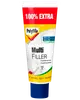 Polyfilla Multi Filler i en klembar tube med applikator, velegnet til udfyldning af små huller og revner i vægge og lofter, hvid farve, nem at bruge.