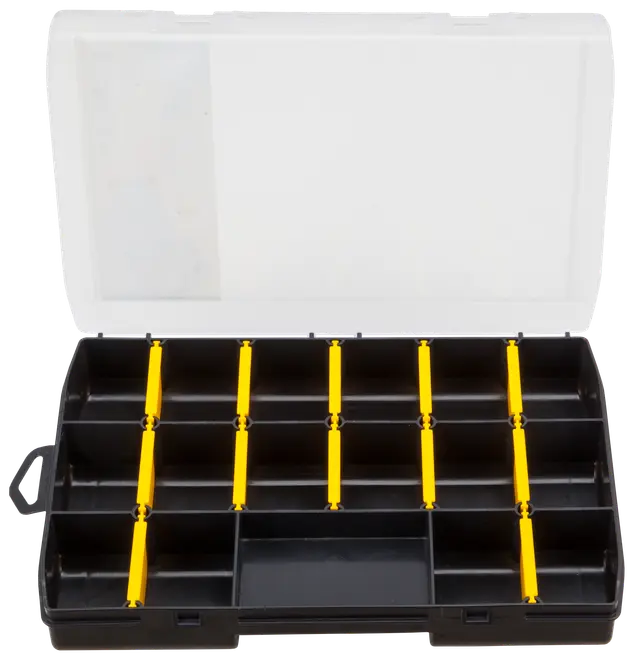 Sort plastorganizer med gennemsigtigt låg, 15 rum adskilt af gule skillevægge, ideel til opbevaring af småting som værktøj, hobbyartikler eller fiskegrej.