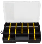 Sort plastorganizer med gennemsigtigt låg, 15 rum adskilt af gule skillevægge, ideel til opbevaring af småting som værktøj, hobbyartikler eller fiskegrej.