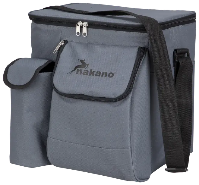 Grå isolerad kylväska med dragkedja upptill, framficka med logotyp, sidoficka och justerbar svart axelrem. Hållbart tyg, perfekt för mat och dryck.