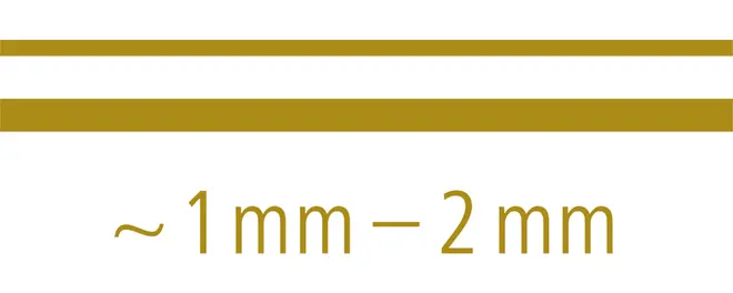 Gyllene horisontella band med tjockleksangivelse som visar ungefär 1 mm till 2 mm.