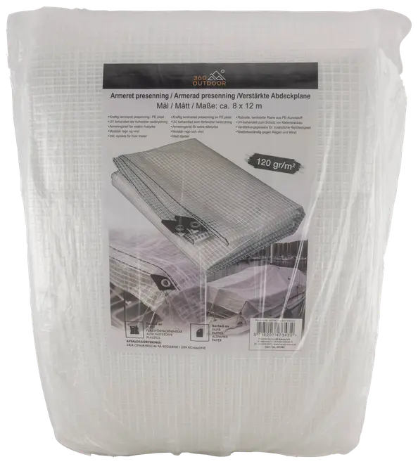 Transparent vit armerad presenning i förpackning, 8 x 12 m, 120 g/m², med vävd plaststruktur.