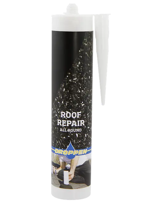 Tube med Droppen Roof Repair All Round, sort tagtætningsmasse med spids dyse til præcis påføring. Velegnet til reparation af utætheder og revner på tage.