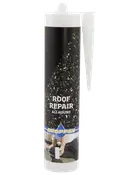 Tube med Droppen Roof Repair All Round, sort tagtætningsmasse med spids dyse til præcis påføring. Velegnet til reparation af utætheder og revner på tage.