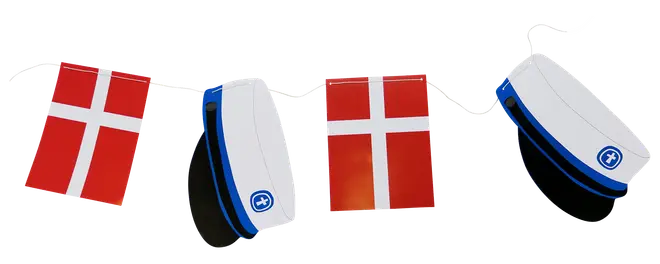 Guirlande med skiftevis danske flag og hvide studenterhuer med blå bånd, lavet af papir eller pap, ideel til studenterfest eller fejring. Samlet på en hvid snor.