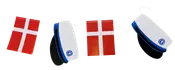 Guirlande med skiftevis danske flag og hvide studenterhuer med blå bånd, lavet af papir eller pap, ideel til studenterfest eller fejring. Samlet på en hvid snor.