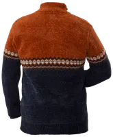 Stickad herrtröja med rostorange upptill, marinblå nedtill och geometriskt Fair Isle-mönster över bröst och ärmar. Ribbstickade muddar, fåll och krage.