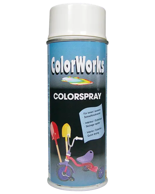ColorWorks Colorspray spraydåse, hvid farve, til indendørs og udendørs brug, hurtigtørrende. Etiketten viser malet trehjulet cykel og skovle. 400 ml.
