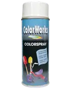 ColorWorks Colorspray spraydåse, hvid farve, til indendørs og udendørs brug, hurtigtørrende. Etiketten viser malet trehjulet cykel og skovle. 400 ml.