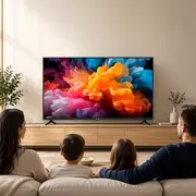 Fladskærms-tv med slanke kanter, levende skærm med farverig abstrakt kunst. TV'et står på et træmediemøbel i en moderne stue med dekorative planter.