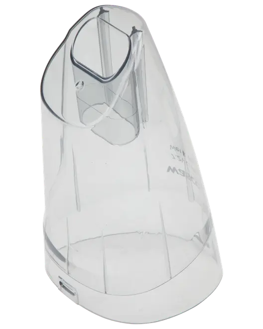 Genomskinlig plastvattenbehållare till kaffemaskin med böjd form, nivåmarkeringar och öppning upptill för enkel påfyllning och montering.