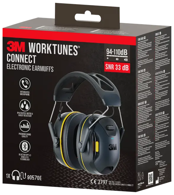 3M WorkTunes Connect elektroniske høreværn med Bluetooth 5.3, integreret mikrofon, vand- og svedresistens, premium lydkvalitet og 33 dB støjreduktion. Sorte med gule detaljer.