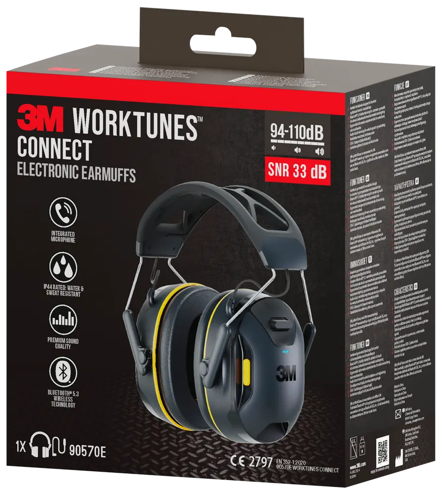 3M WorkTunes Connect elektroniske høreværn med Bluetooth 5.3, integreret mikrofon, vand- og svedresistens, premium lydkvalitet og 33 dB støjreduktion. Sorte med gule detaljer.