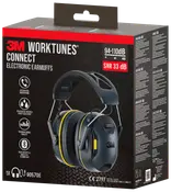 3M WorkTunes Connect elektroniske høreværn med Bluetooth 5.3, integreret mikrofon, vand- og svedresistens, premium lydkvalitet og 33 dB støjreduktion. Sorte med gule detaljer.
