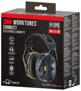 3M WorkTunes Connect elektroniske høreværn med Bluetooth 5.3, integreret mikrofon, vand- og svedresistens, premium lydkvalitet og 33 dB støjreduktion. Sorte med gule detaljer.