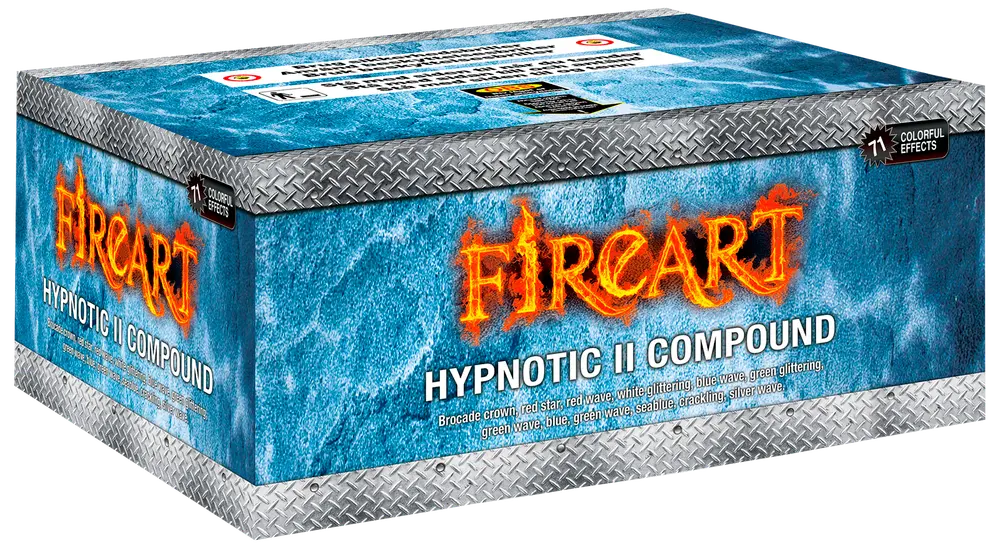 Rektangulær æske mærket "FIREART Hypnotic II Compound" med metaltrim, blå baggrund og ildtema-logo. Indeholder fyrværkeri med farverige effekter ifølge emballagen.
