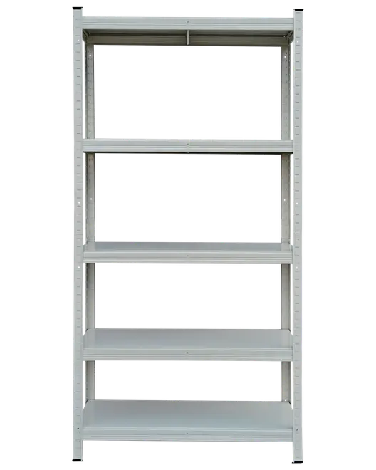 Metalskabsreol med fem justerbare hylder, åbne sider og robust ramme. Perfekt til garage, lager eller opbevaringsrum. Lys grå farve, industrielt design.
