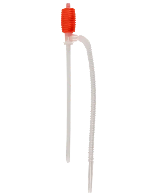 Plastik-sifonpumpe med rød rillet pumpebold og to klare slanger, designet til overførsel af væsker mellem beholdere. Velegnet til vand, brændstof eller lignende væsker.