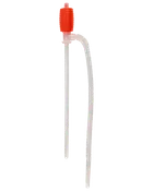Plastisk hävertpump med röd räfflad pumpboll och två genomskinliga slangar, avsedd för överföring av vätskor mellan behållare. Passar vatten, bränsle eller liknande vätskor.