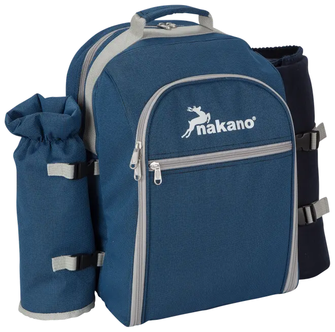 Blå Nakano rygsæk med frontlynlås, to sideholdere til flasker, grå detaljer og bærehåndtag. Robust materiale, ideel til rejser, skole eller udendørs brug.