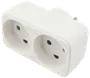 Hvid dobbelt stikkontaktadapter med to runde europæiske udtag og kompakt, rektangulært design.