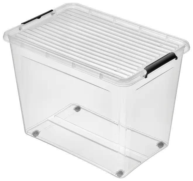 Genomskinlig plastförvaringslåda med räfflat lock och svarta handtag på sidorna. Rektangulär, stapelbar, perfekt för förvaring av olika hushållsartiklar.