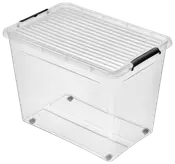 Gennemsigtig plastopbevaringsboks med rillet låg og sorte håndtag på hver side. Rektangulær form, stabelbar, ideel til opbevaring af diverse husholdningsartikler.