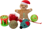 Sæt med seks kattelegetøj: plysgingerbrødsfigur, rød og grøn bold, skinnende rød pompon, grøn og rød mus, raslebold og grøn plastikrulle.